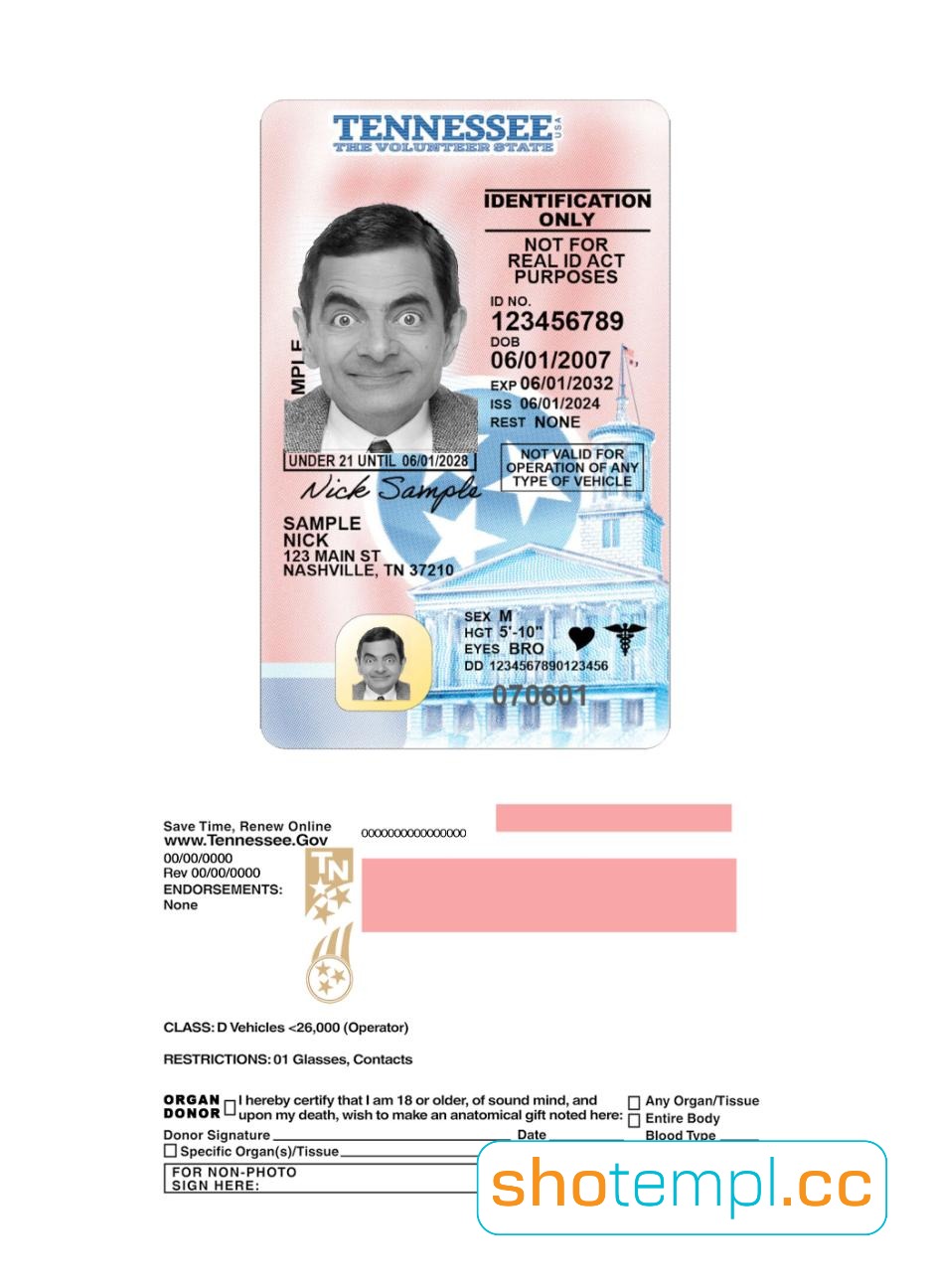 Tennessee Driver License PSD Template V3
